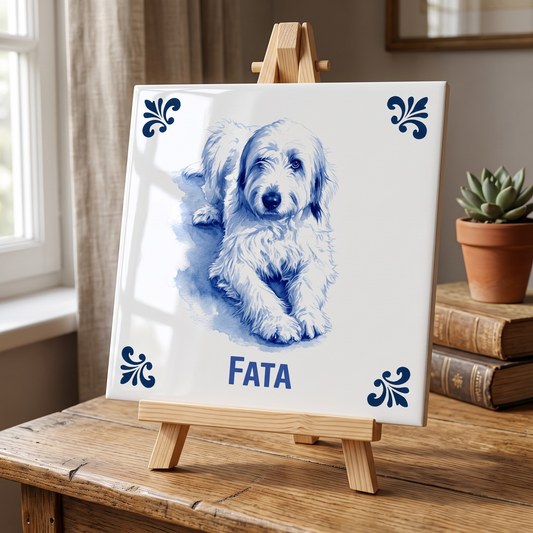 Delfts blauwe tegel Fata op houten standaard