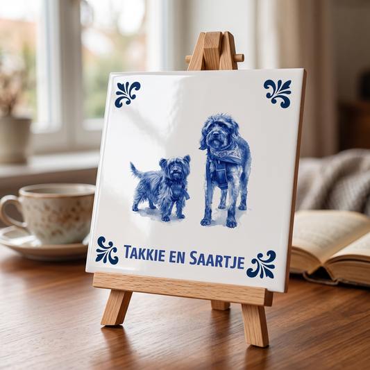 Delfts Blauwe tegel met honden Takkie en Saartje op houten standaard