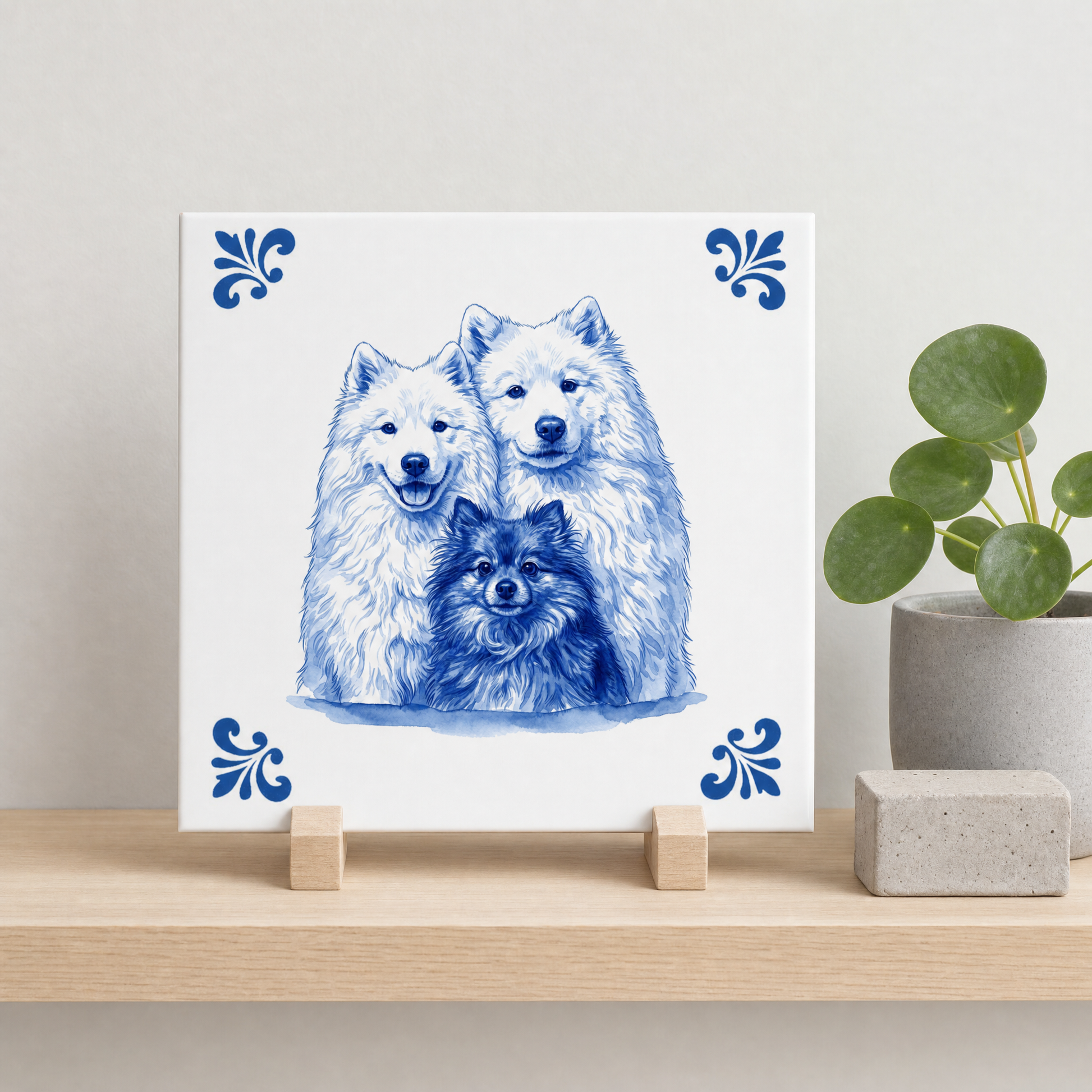 Delfts blauw tegelontwerp met drie honden