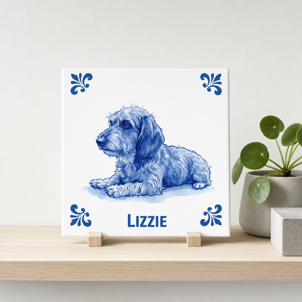 Delfts blauwe tegel met hond Lizzie