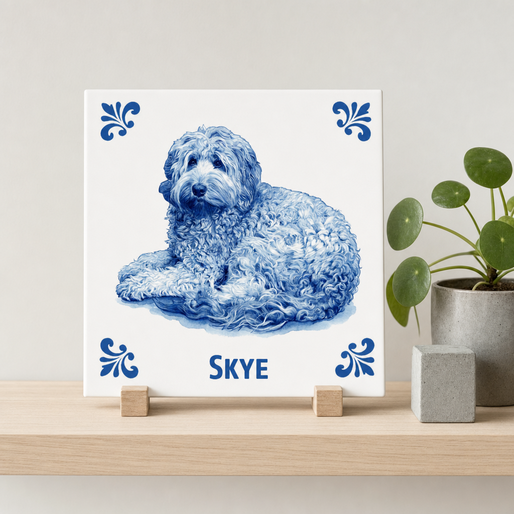Delft Blue tegel Skye op houten standaard