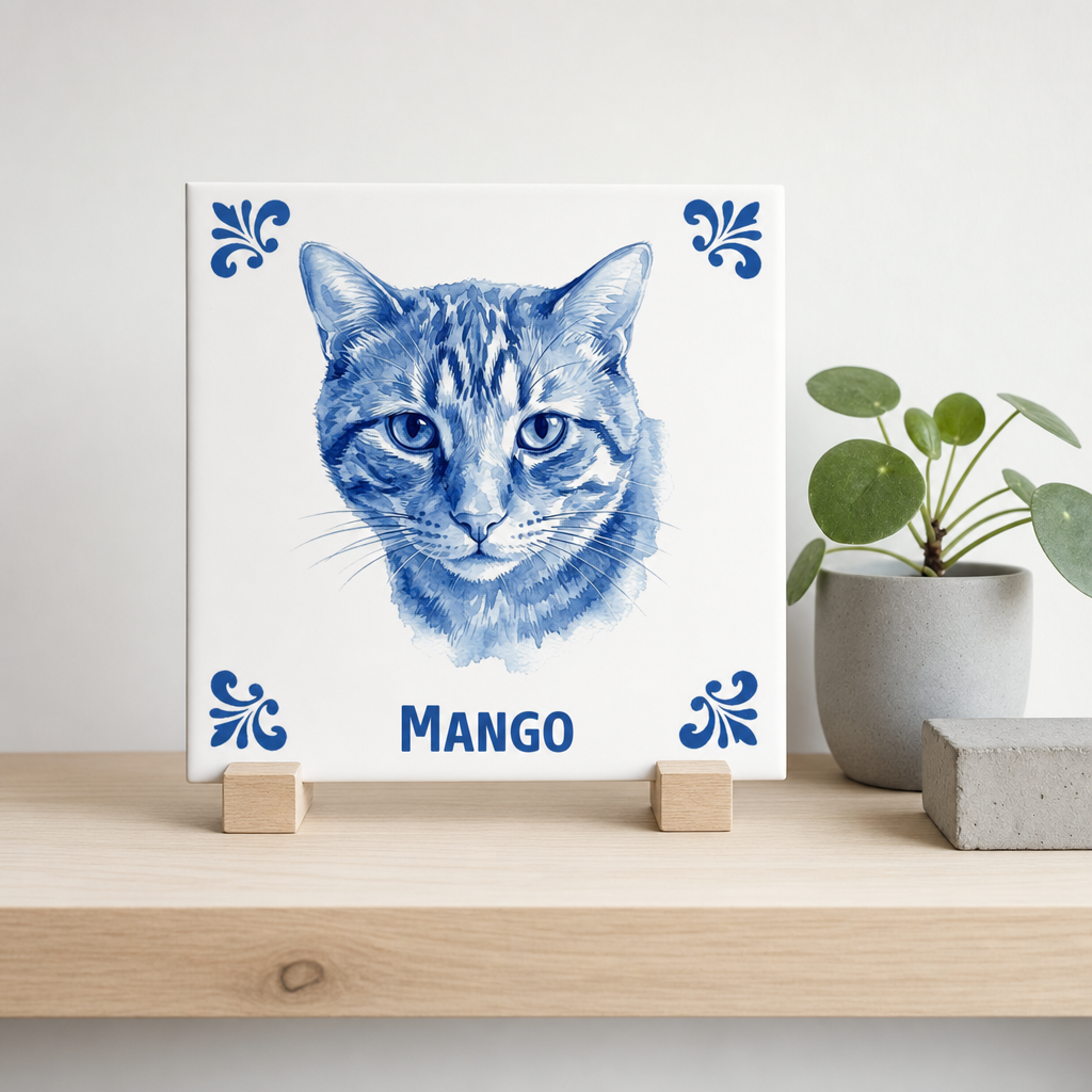 Delft Blue tegel Mango op houten standaard