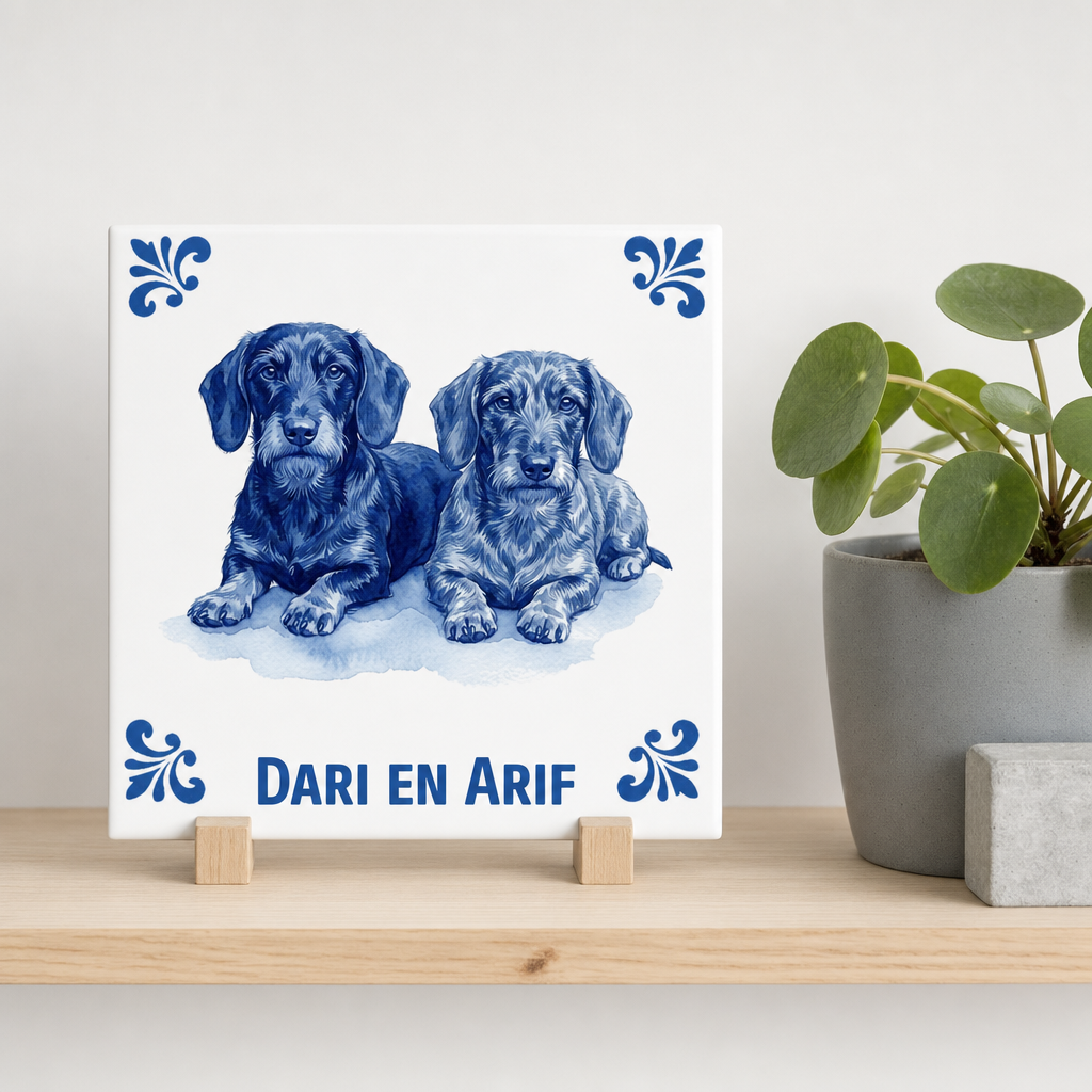 Delft Blue tegel Dari en Arif op houten standaard
