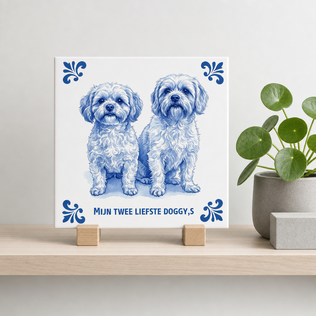Delft Blue tegel Mijn twee liefste doggys op houten standaard