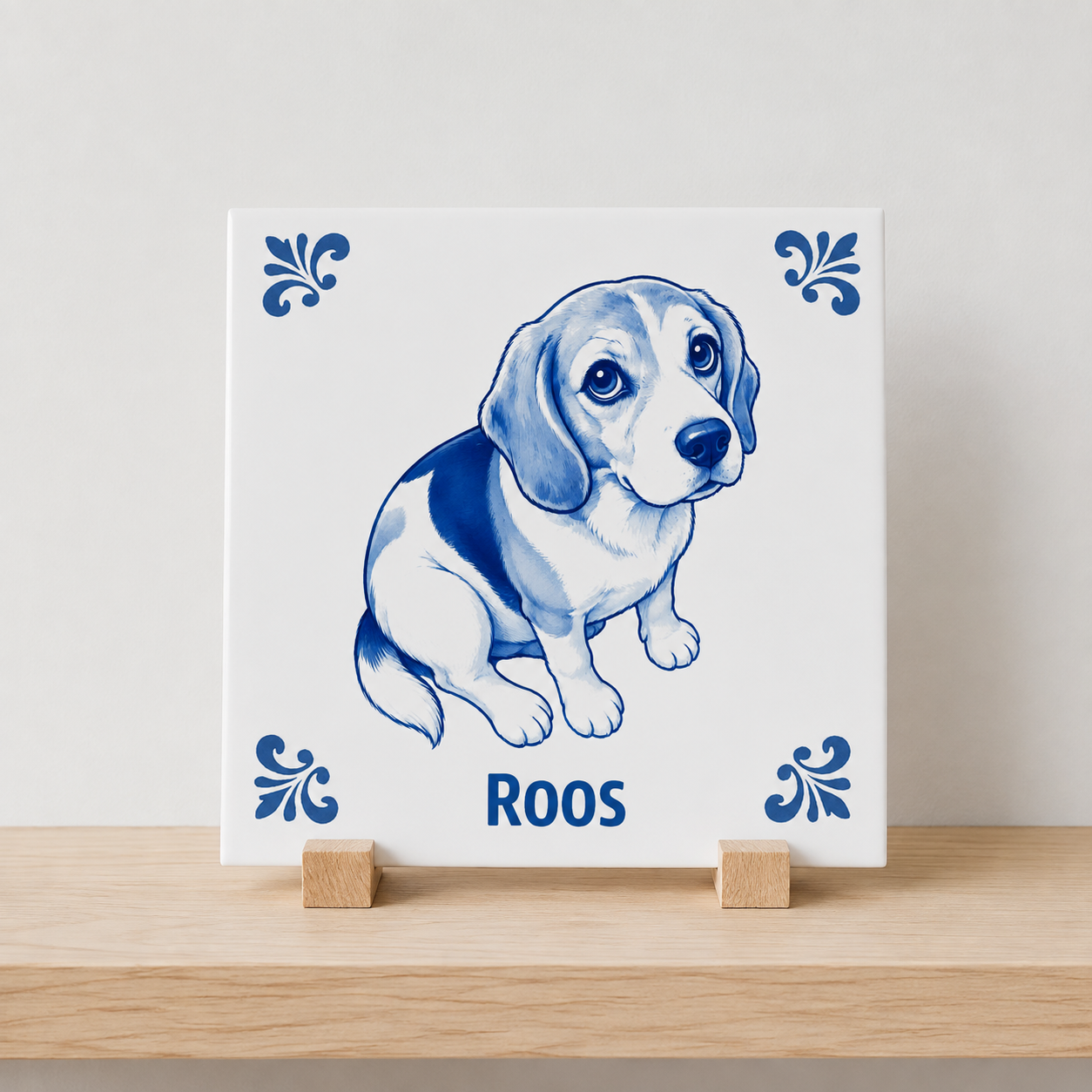 Delfts blauwe cartoon tegel Roos op houten standaard