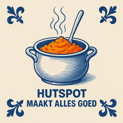 Hutspot maakt alles goed – Delfts blauwe tegel met humor