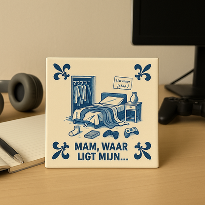Mama, wo ist mein/e?! – Delfter Blaue Fliese mit Humor