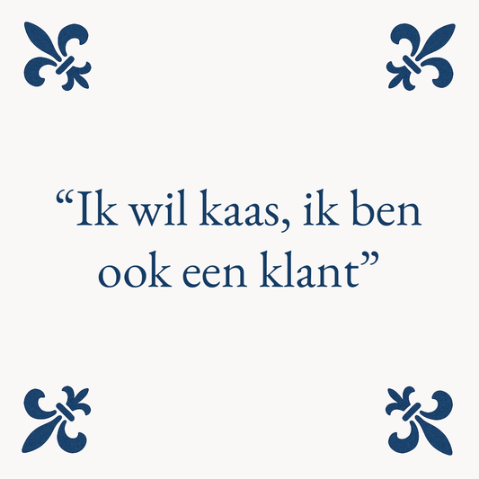 Ich will Käse, ich bin auch ein Kunde – Delfter Blaue Fliesen mit Humor