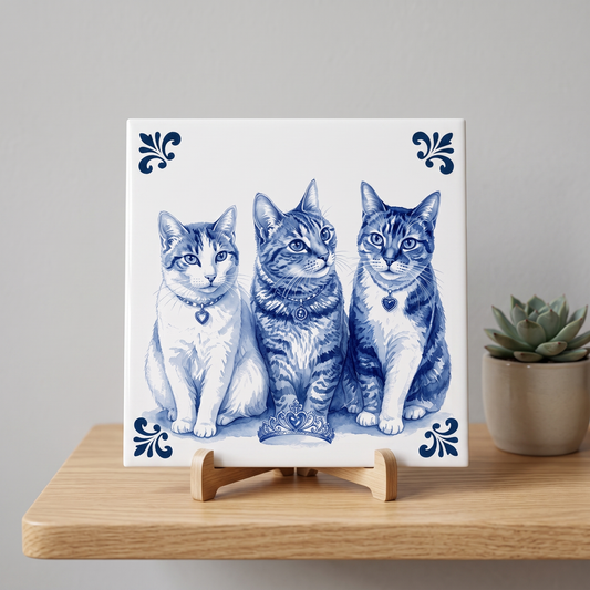 Delfts blauwe tegel drie katten