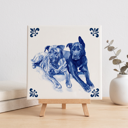 Delfts blauwe tegel twee honden op standaard