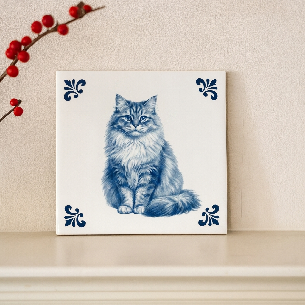 Delfts blauwe kattentegel op schouw