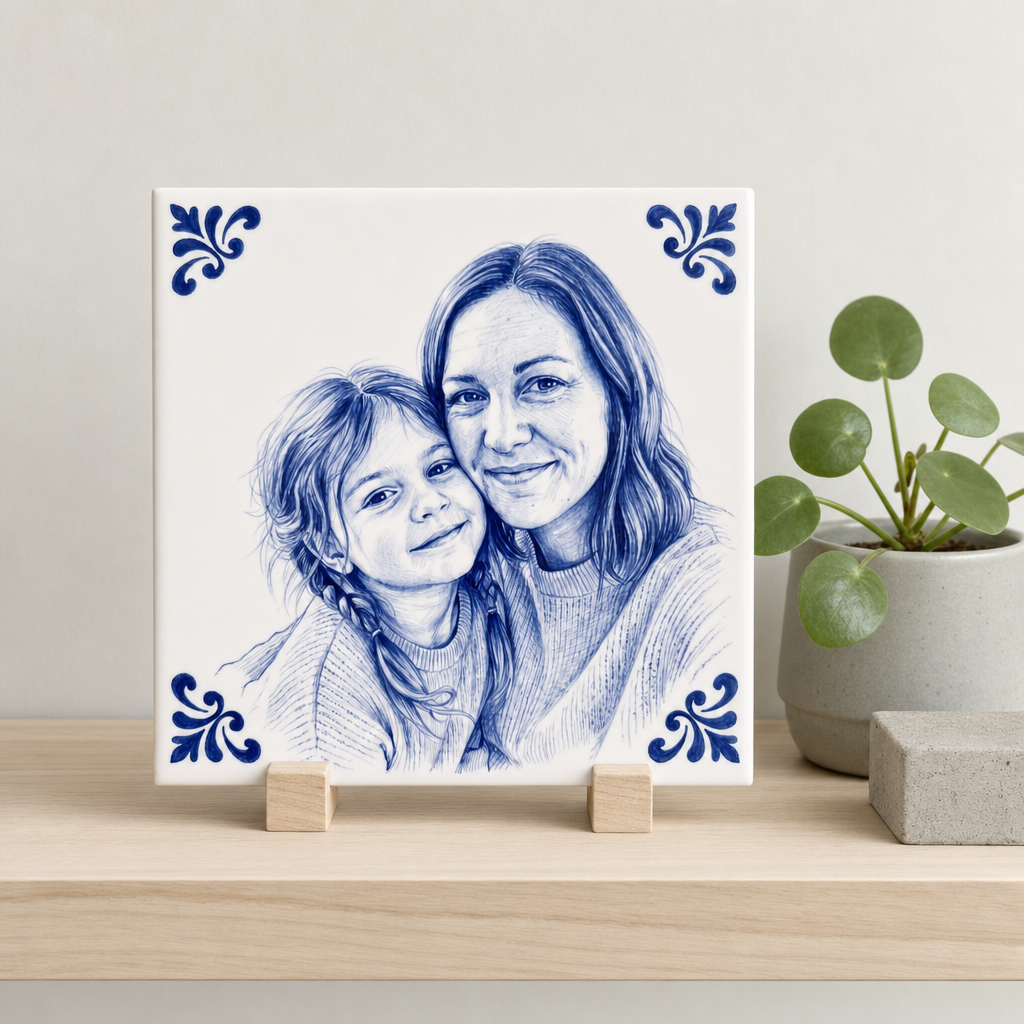 Delfts blauwe tegel met moeder en dochter op houten standaard