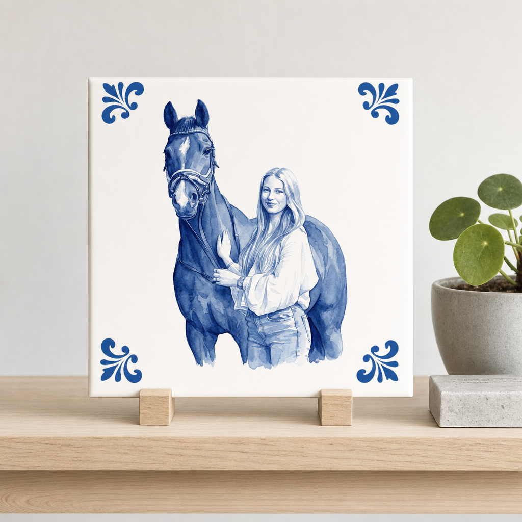 Delfts Blauwe tegel met paard en ruiter