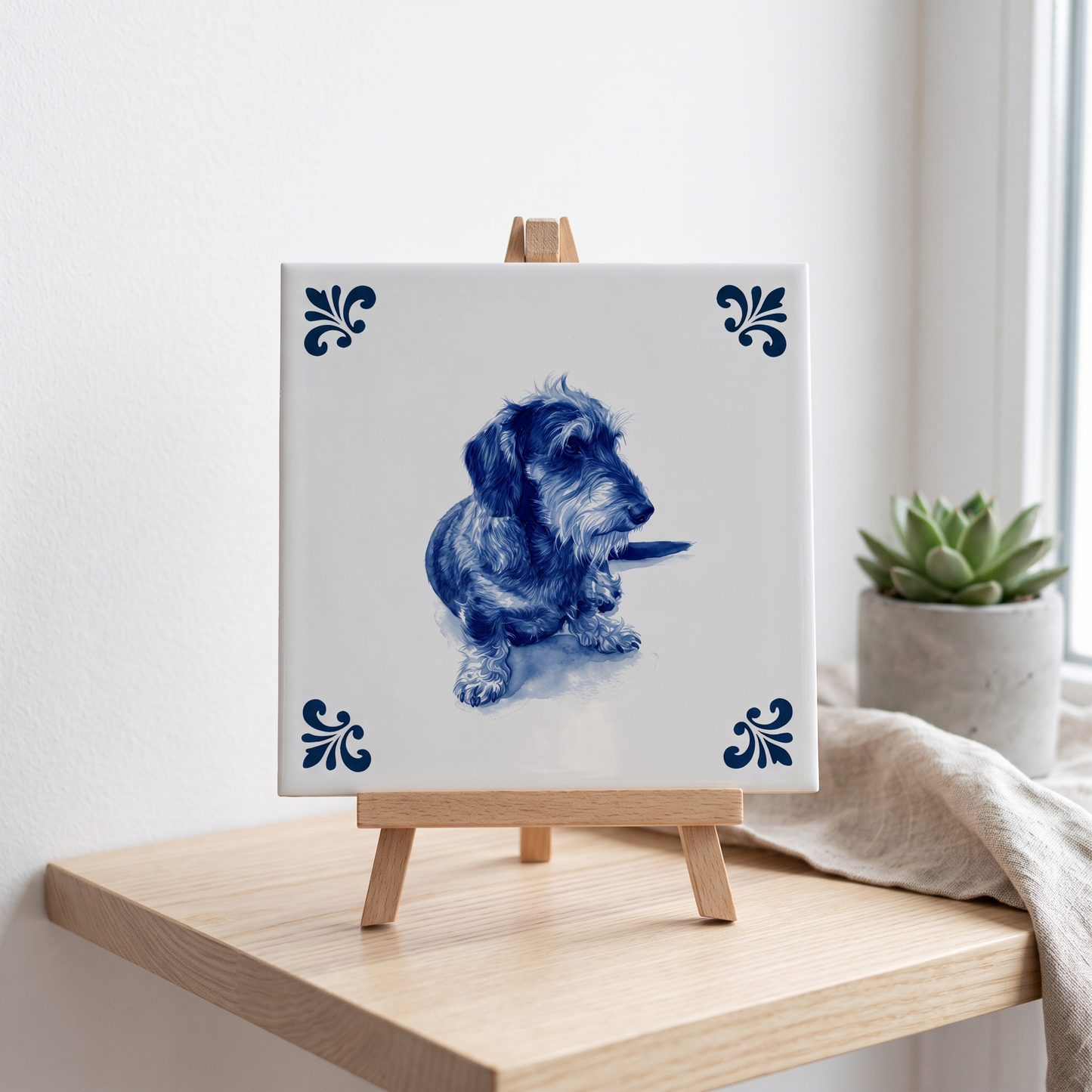 Delfts blauw tegelontwerp teckel op standaard