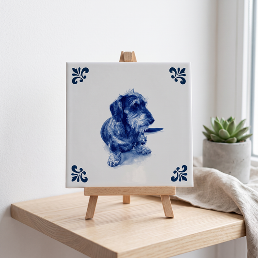 Delfts blauw tegelontwerp teckel op standaard