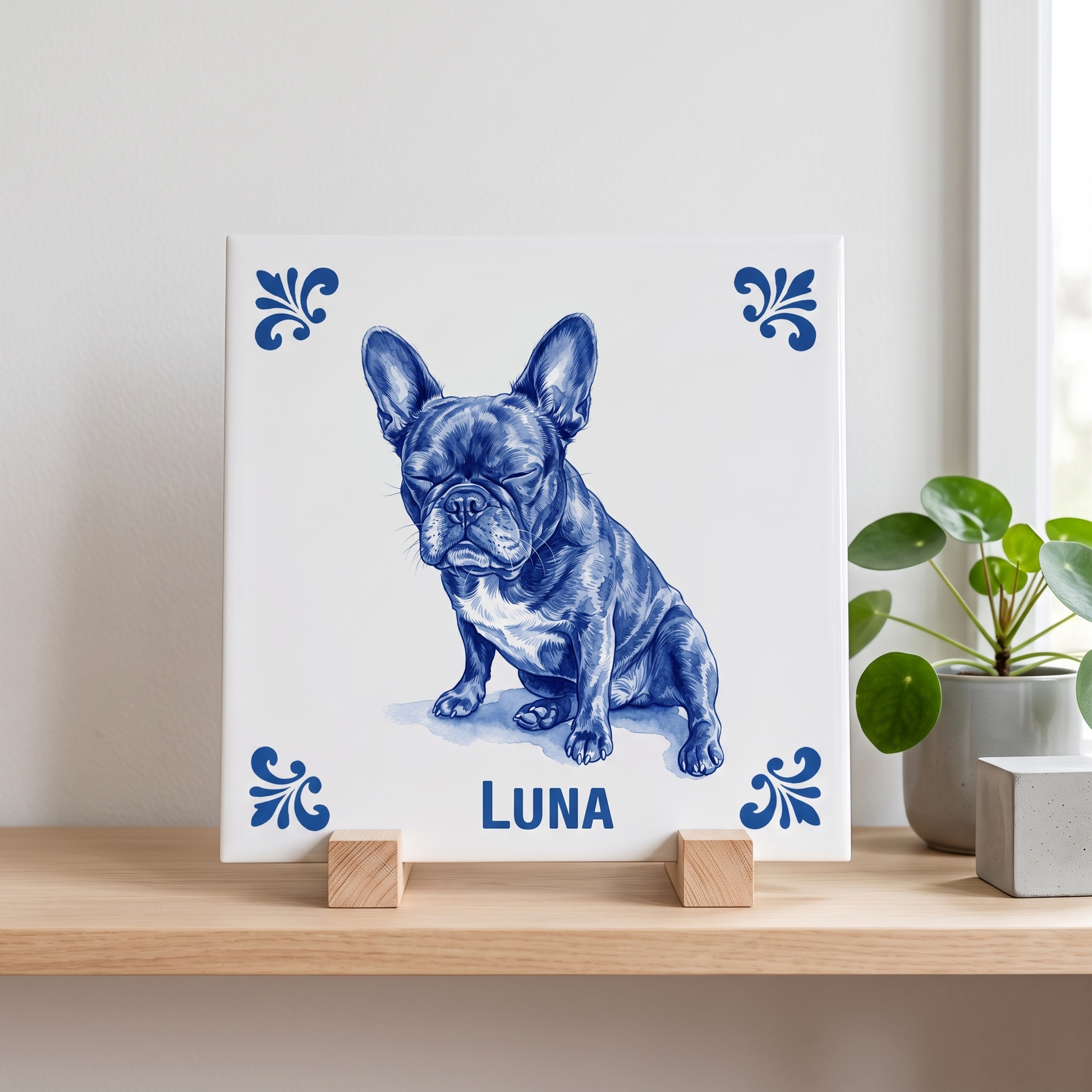 Delfts blauwe tegel met portret van hond Luna