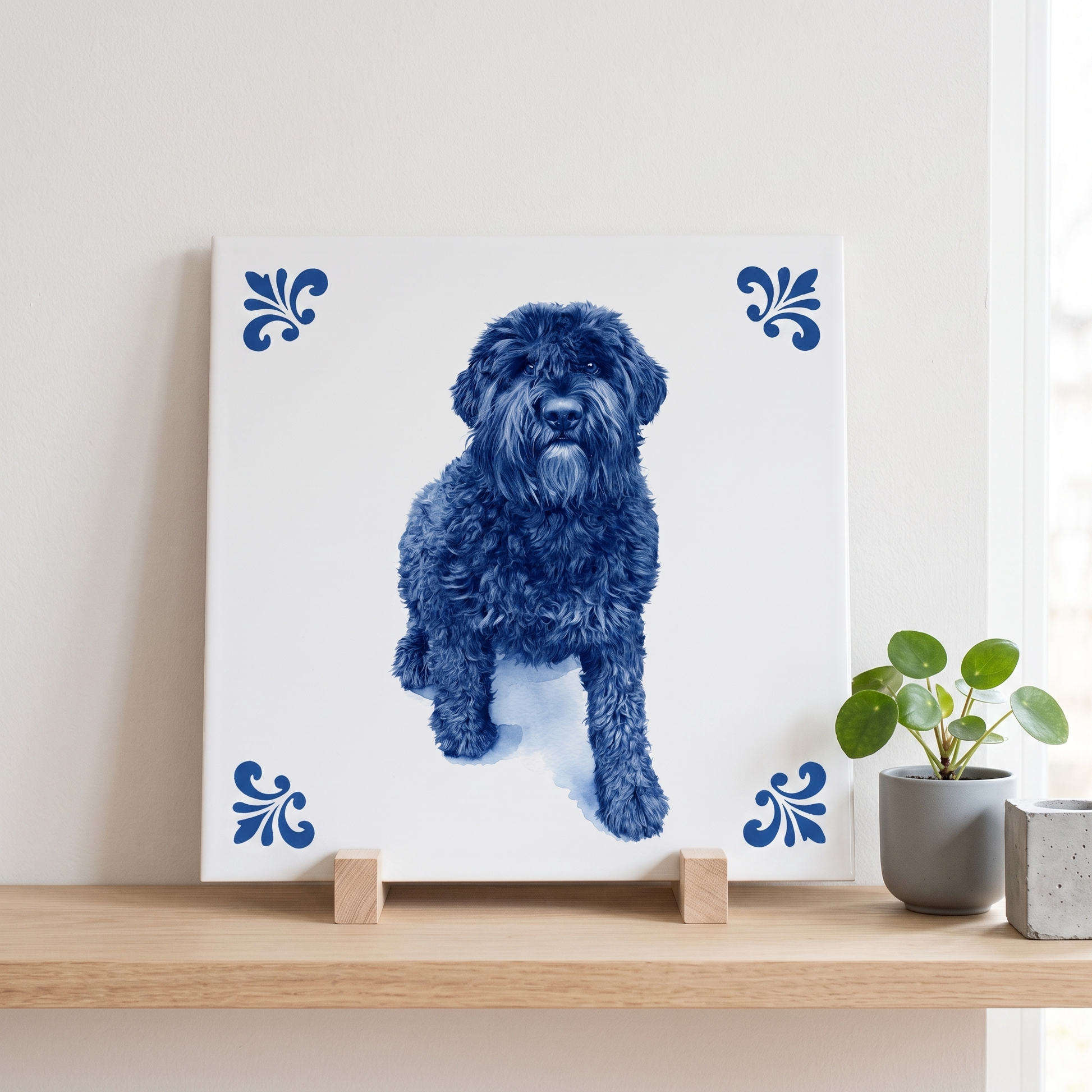 Delfts blauwe tegel met portret van een zwarte hond