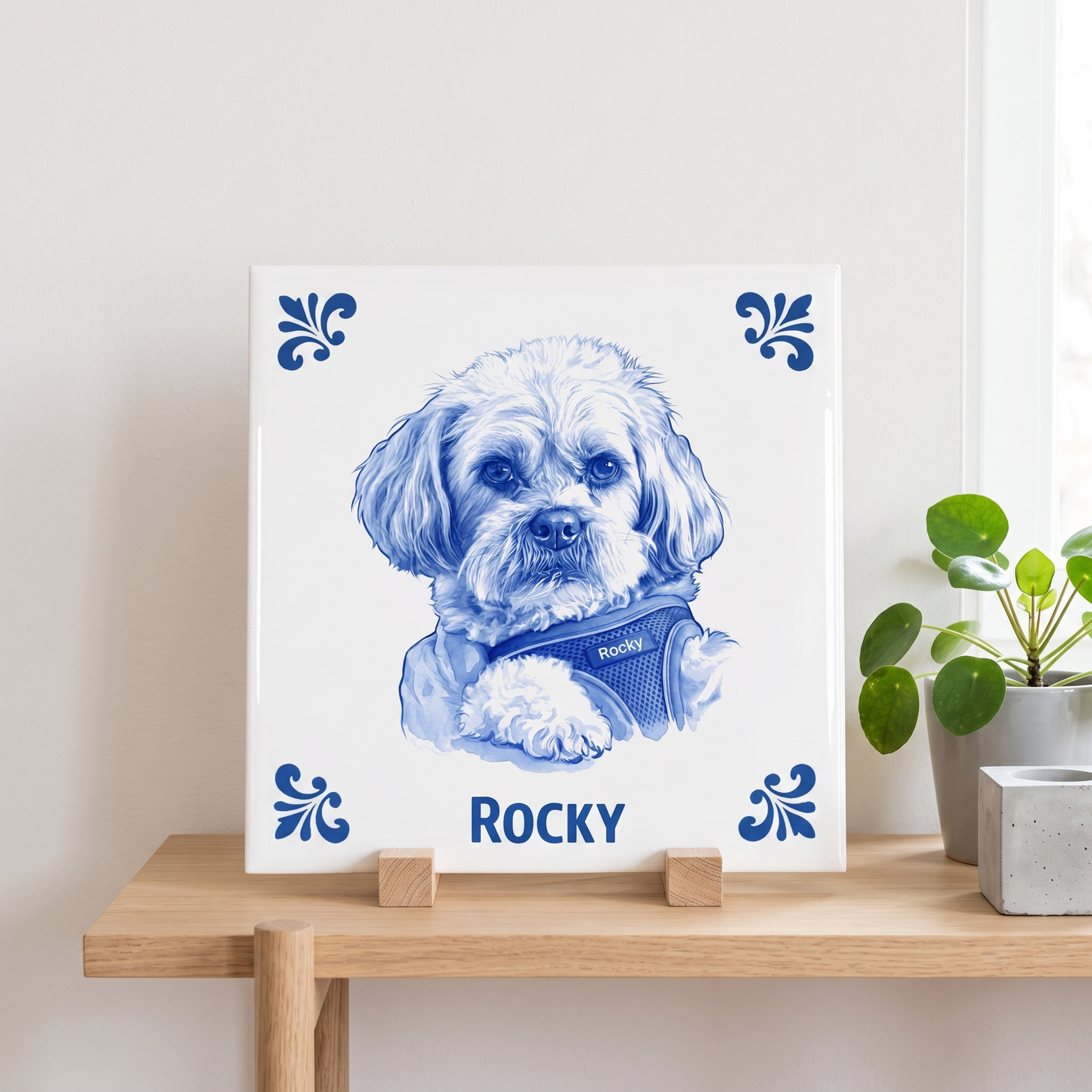 Delfts blauwe tegel met portret van hond Rocky