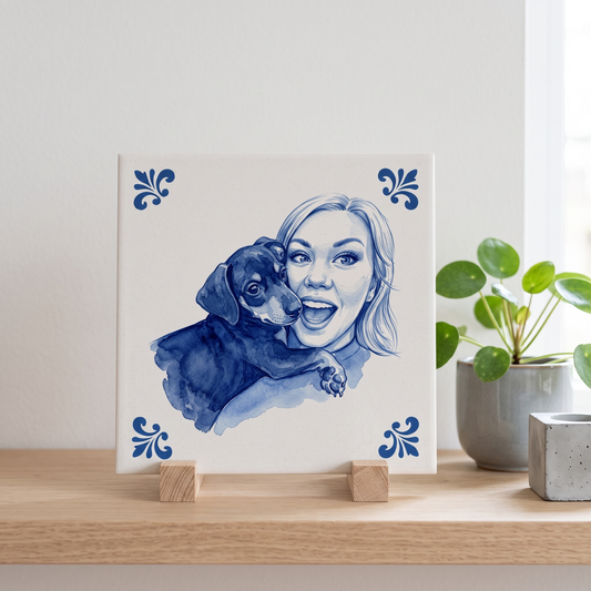 Delfts blauw tegelontwerp met baasje en teckel