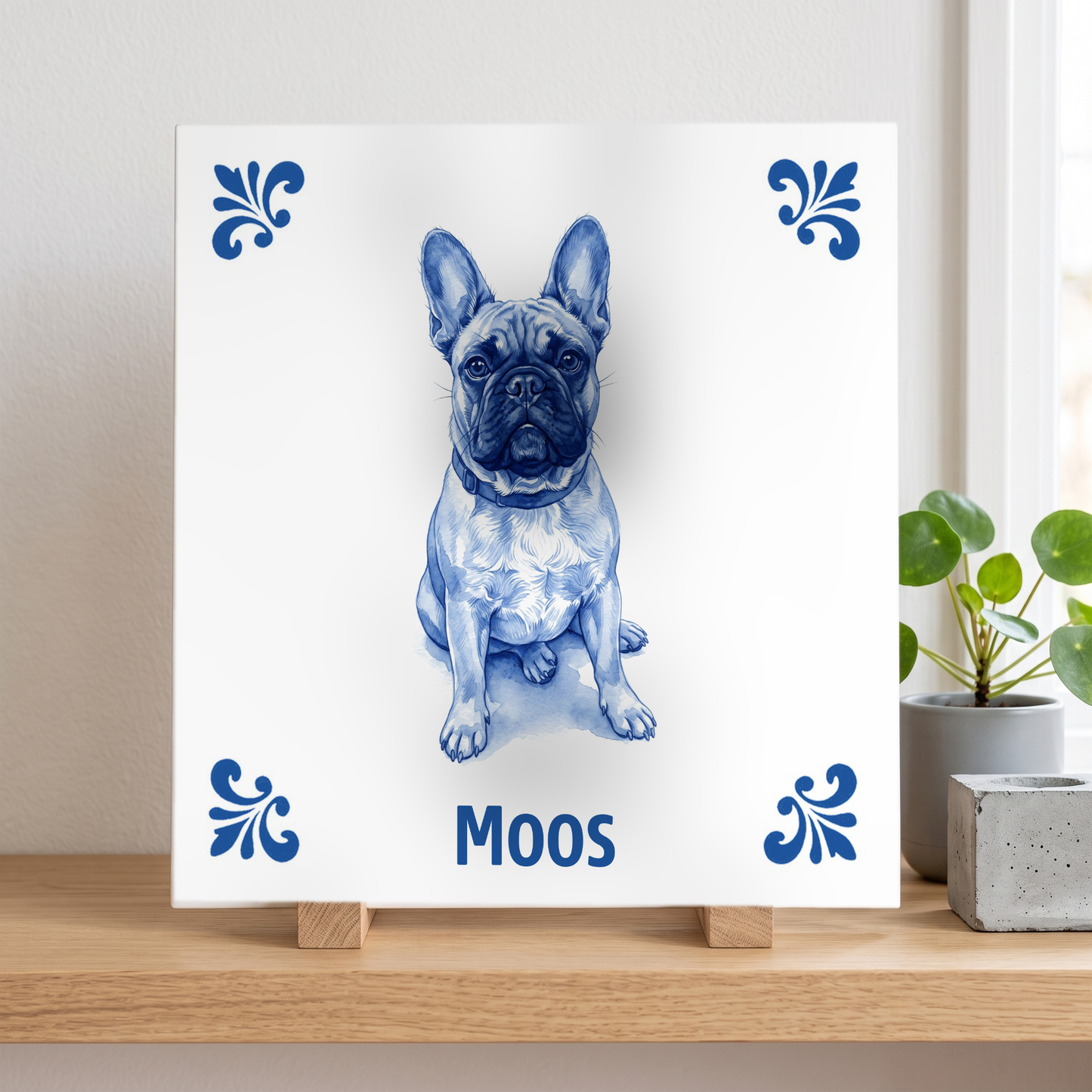 Delfts blauw tegelontwerp met hond Moos