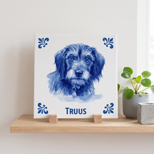 Delfts blauwe tegel met hond Truus