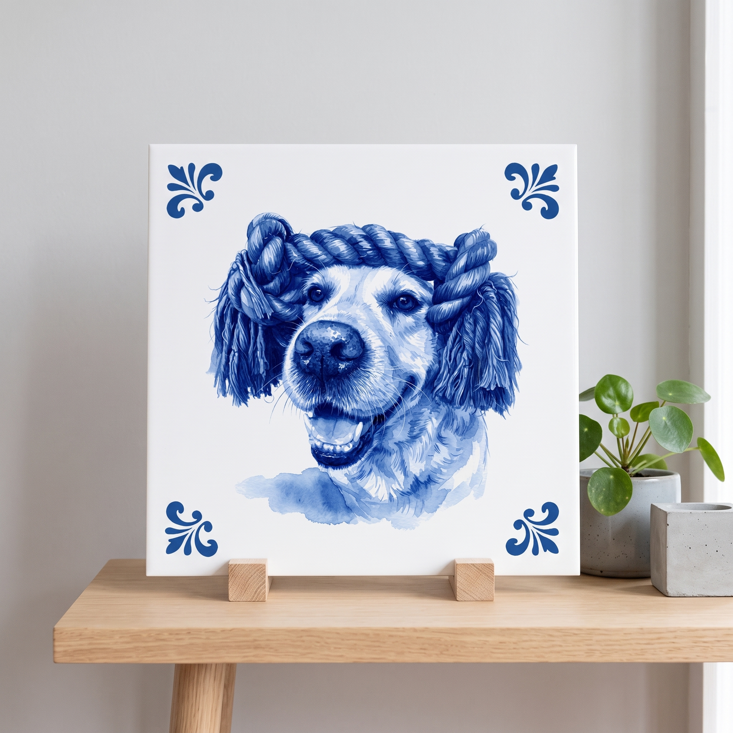 Delfts blauwe tegel met portret van hond – Amstel Art Tiles