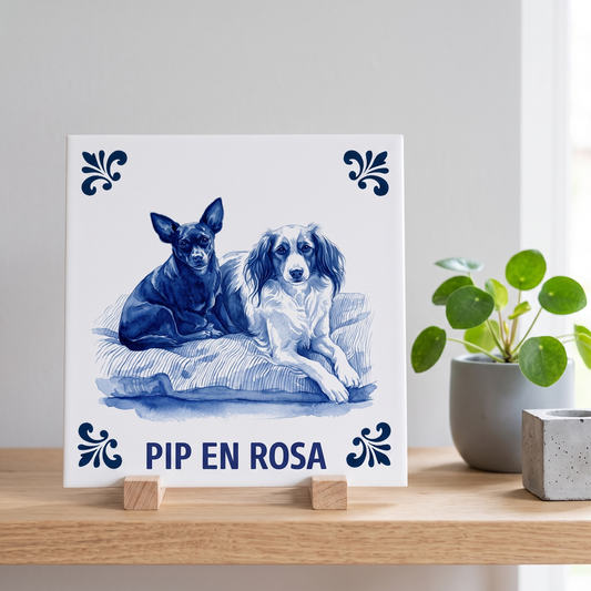 Delfts blauwe tegel met Pip en Rosa