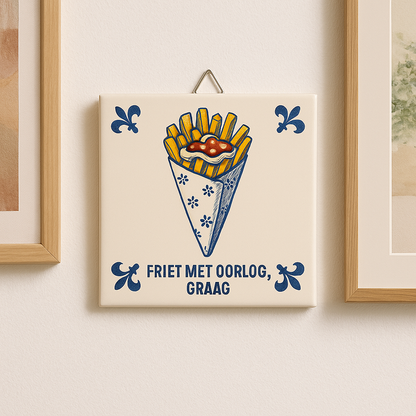 Pommes mit Krieg, bitte – Delfter Blaue Fliese mit Humor